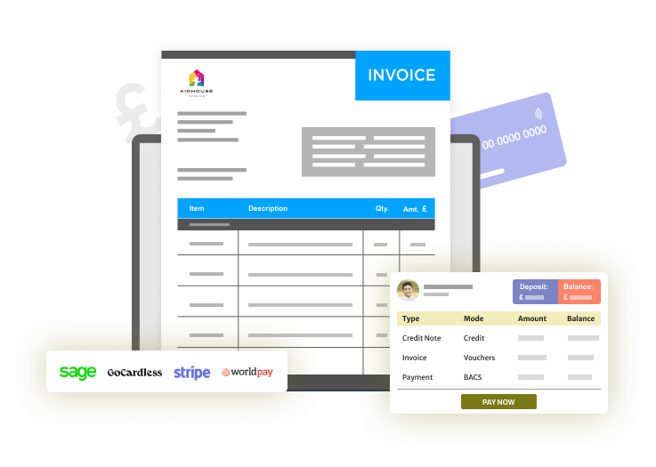 cartoon graphic showing invoices on nursery management software