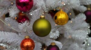 Christmas baubles on a white Christmas tree