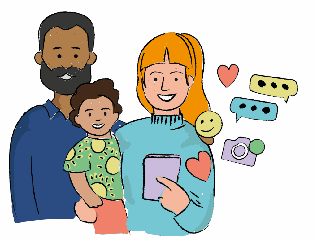 Family with phone and speech bubbles