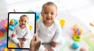 early years educator taking a photo of a baby playing with colourful blocks