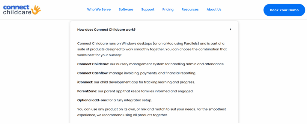 connect childcare FAQ screenshot